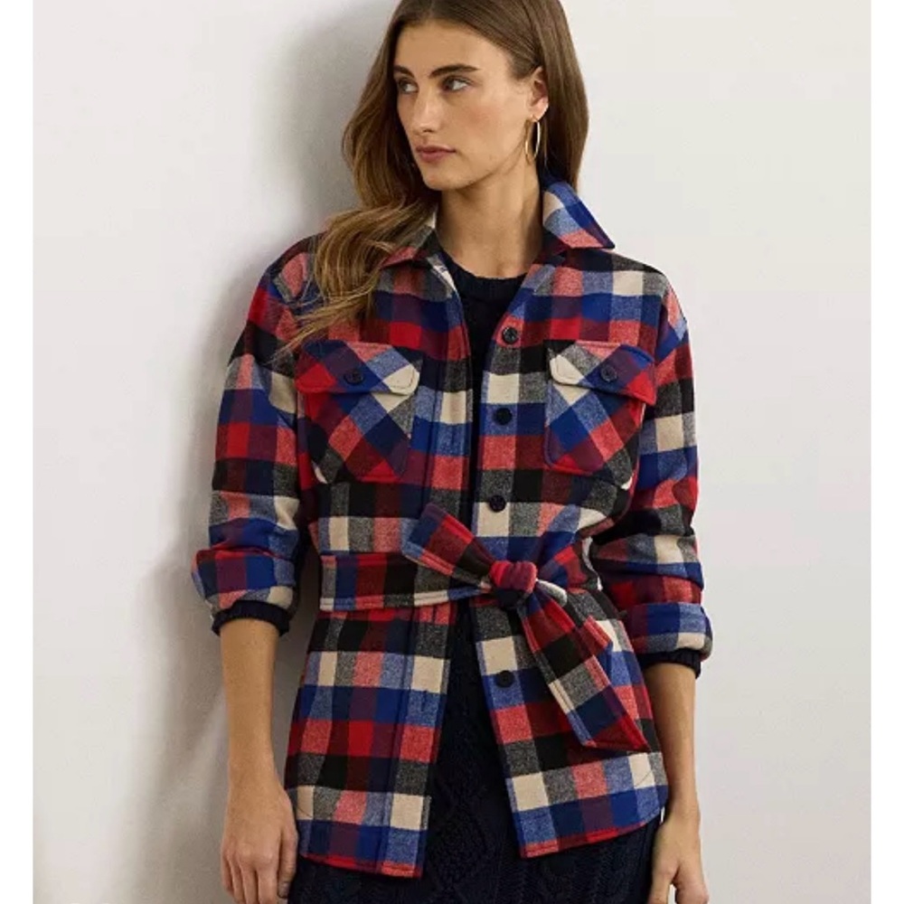 Lauren Ralph Lauren Buffalo Check Belted Twill Shirt Jacket Wool Blend Shacket - Picture 2 of 11